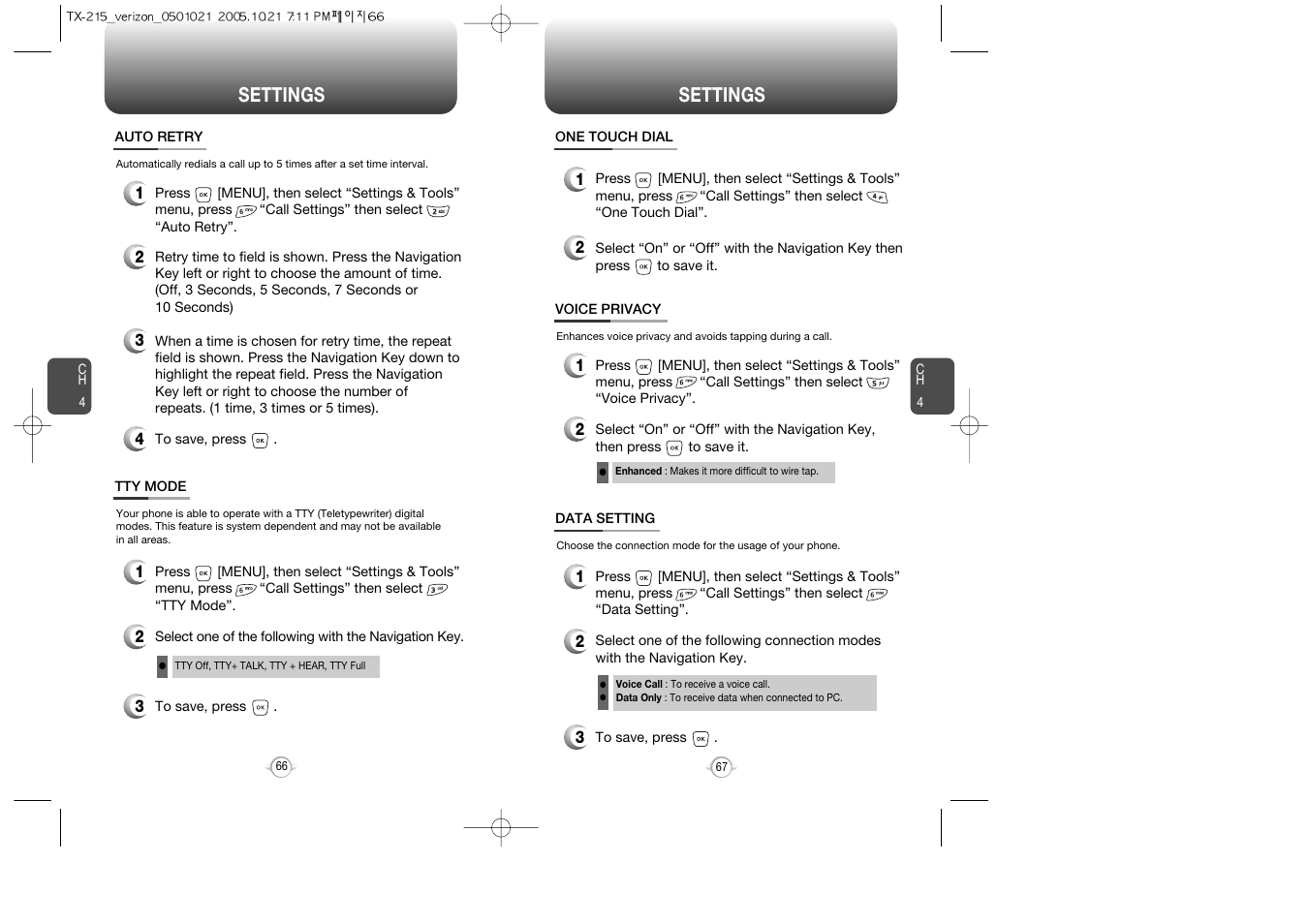 Auto redial, Tty mode, Settings | Pantech PN-215 User Manual | Page 68 / 140