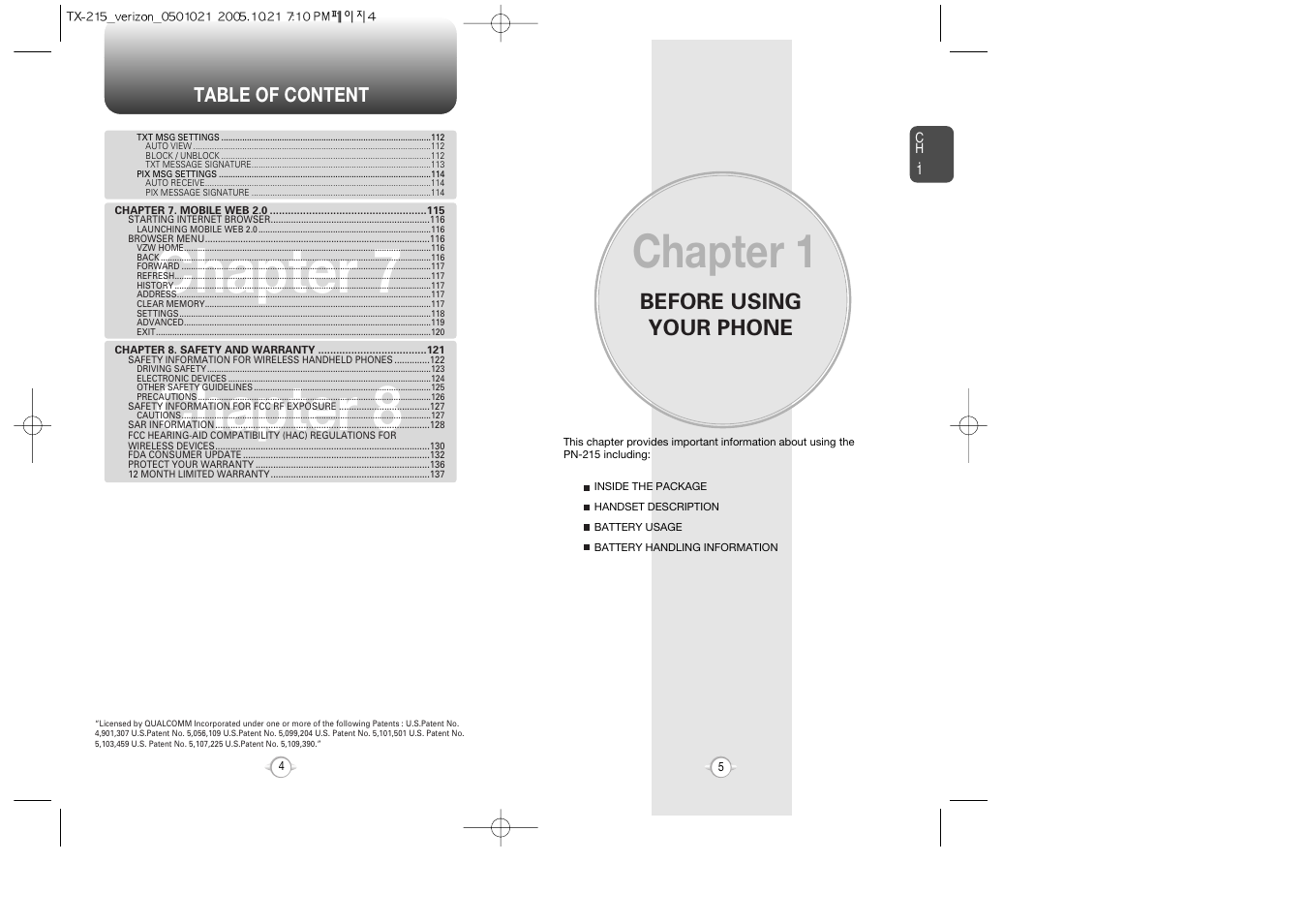 Getting started, Chapter 7 chapter 8, Chapter 1 | Before using your phone | Pantech PN-215 User Manual | Page 7 / 140