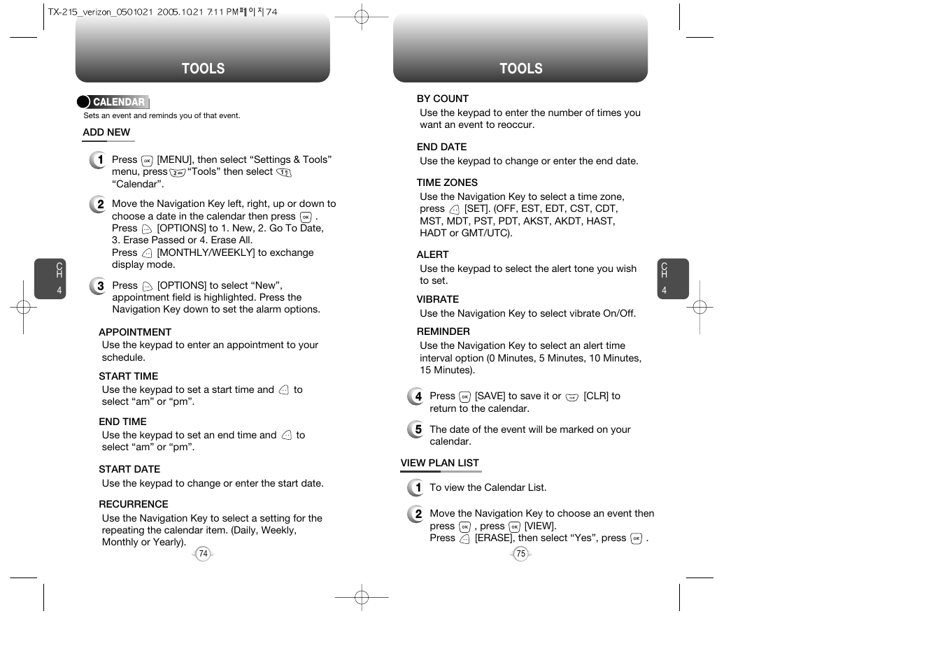 Using tools, Calendar, Tools | Pantech PN-215 User Manual | Page 76 / 140