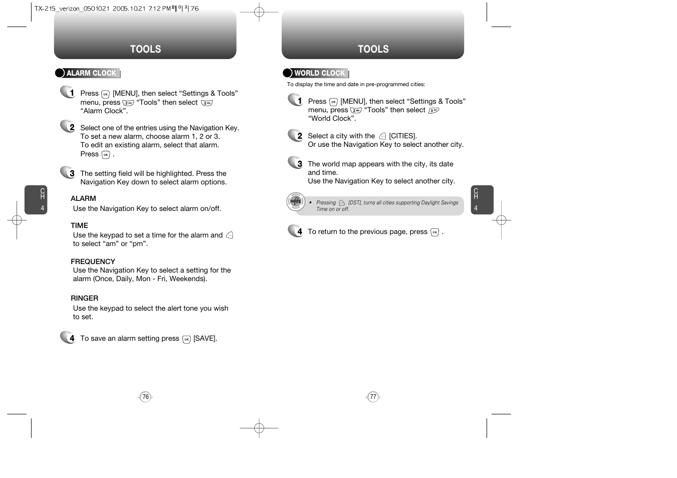 Alarm clock, World clock, Tools | Pantech PN-215 User Manual | Page 78 / 140