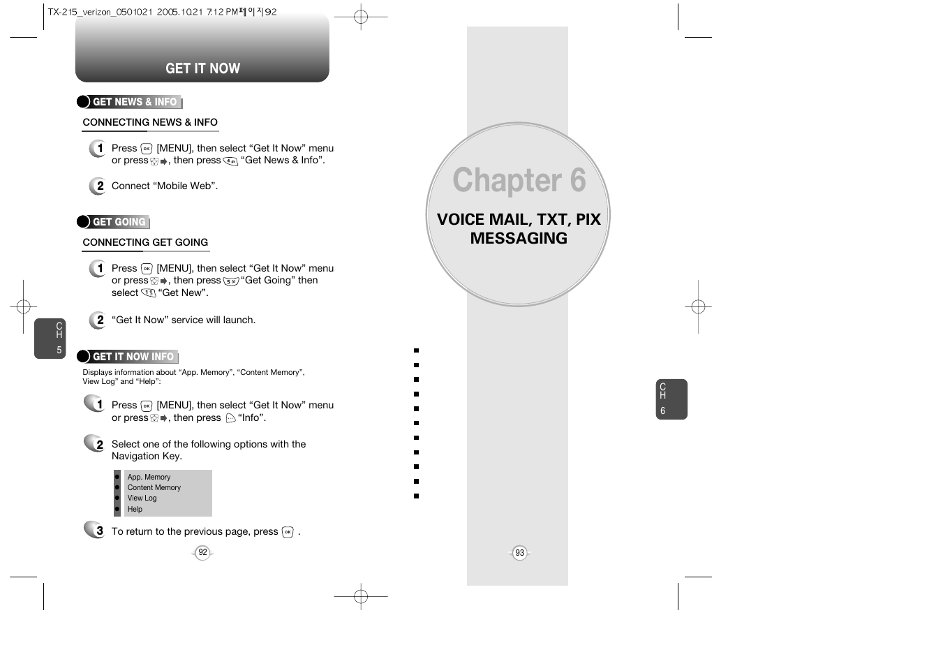 Chapter 6, Voice mail, txt, pix messaging, Get it now | Pantech PN-215 User Manual | Page 94 / 140