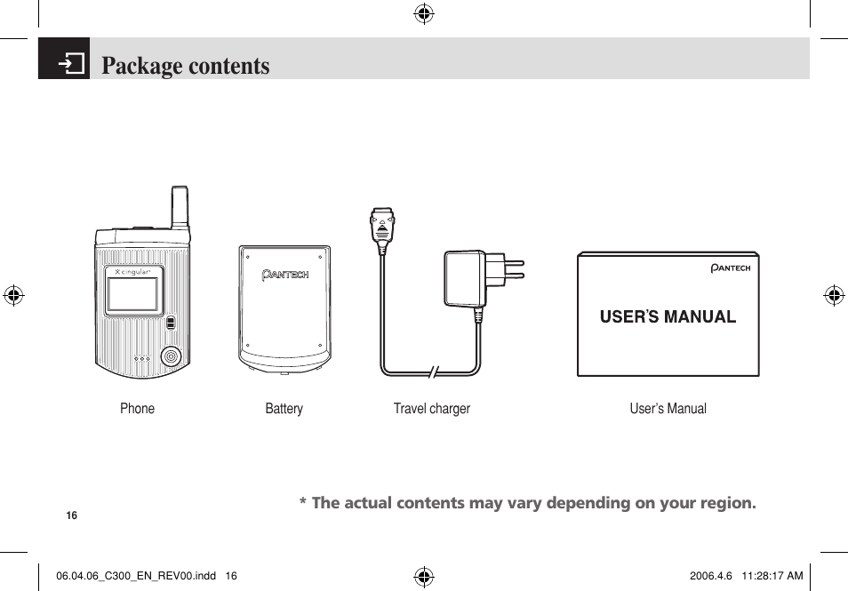 Package contents | Pantech C300 User Manual | Page 17 / 97