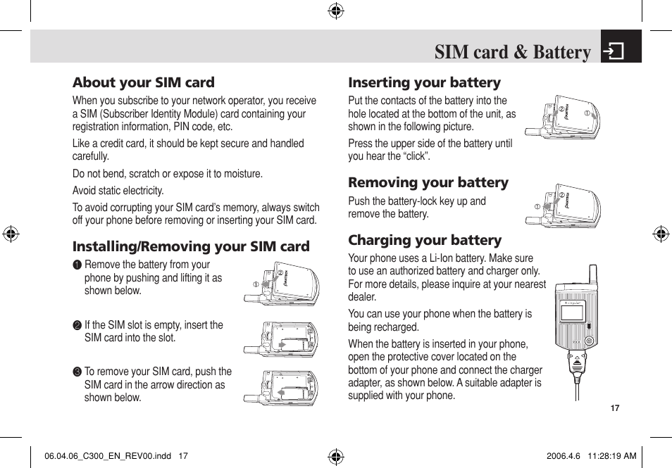 Sim card & battery, About your sim card, Installing/removing your sim card | Inserting your battery, Removing your battery, Charging your battery | Pantech C300 User Manual | Page 18 / 97