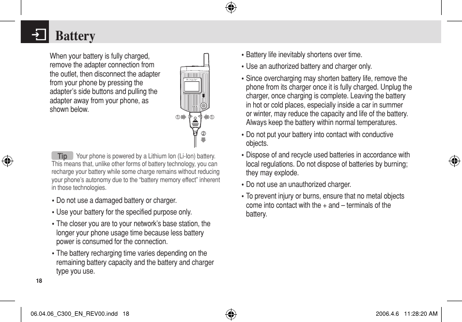 Battery | Pantech C300 User Manual | Page 19 / 97