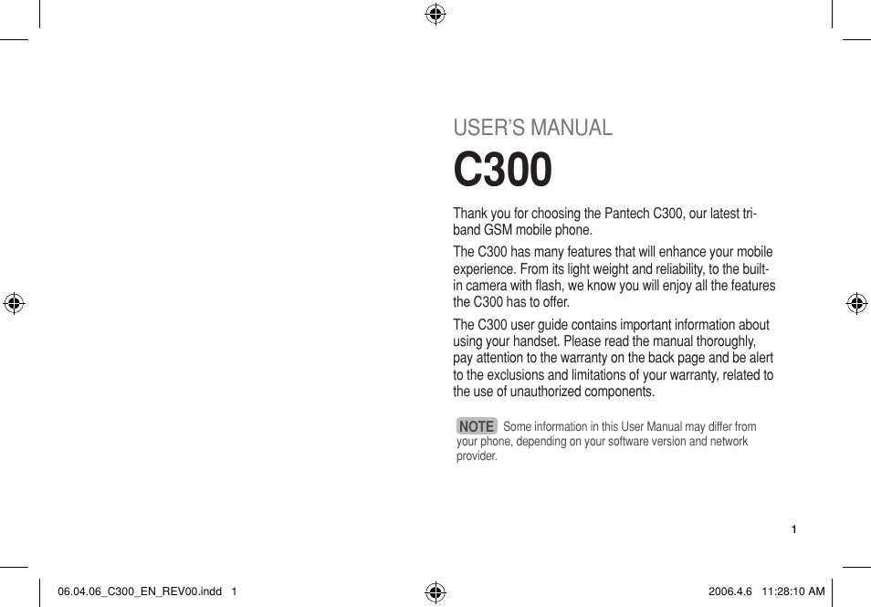 C300, User’s manual | Pantech C300 User Manual | Page 2 / 97