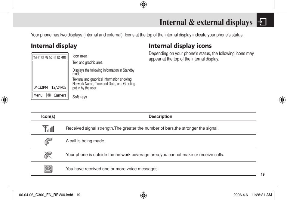 Internal & external displays, Internal display internal display icons | Pantech C300 User Manual | Page 20 / 97