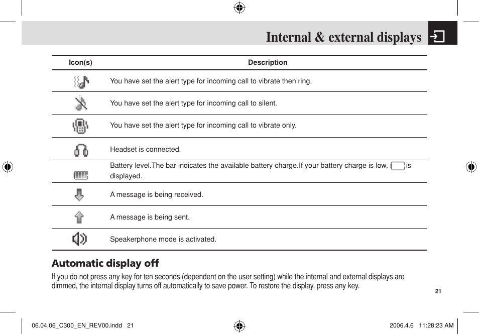 Internal & external displays, Automatic display off | Pantech C300 User Manual | Page 22 / 97