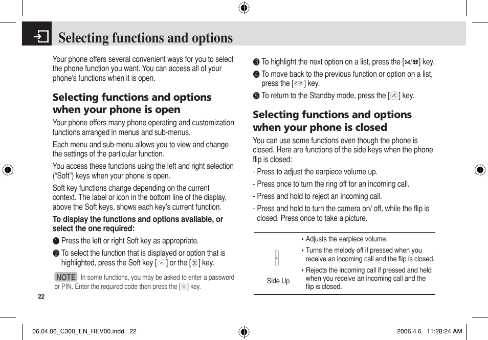 Selecting functions and options | Pantech C300 User Manual | Page 23 / 97