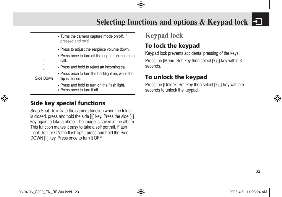 Selecting functions and options & keypad lock, Keypad lock, Side key special functions | Pantech C300 User Manual | Page 24 / 97