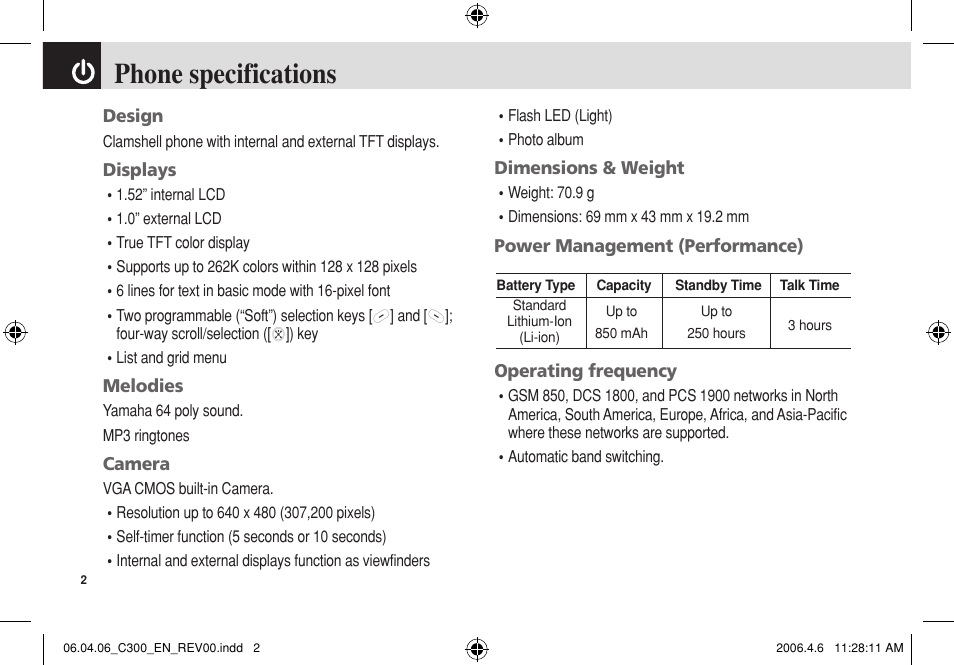 Phone specifications | Pantech C300 User Manual | Page 3 / 97