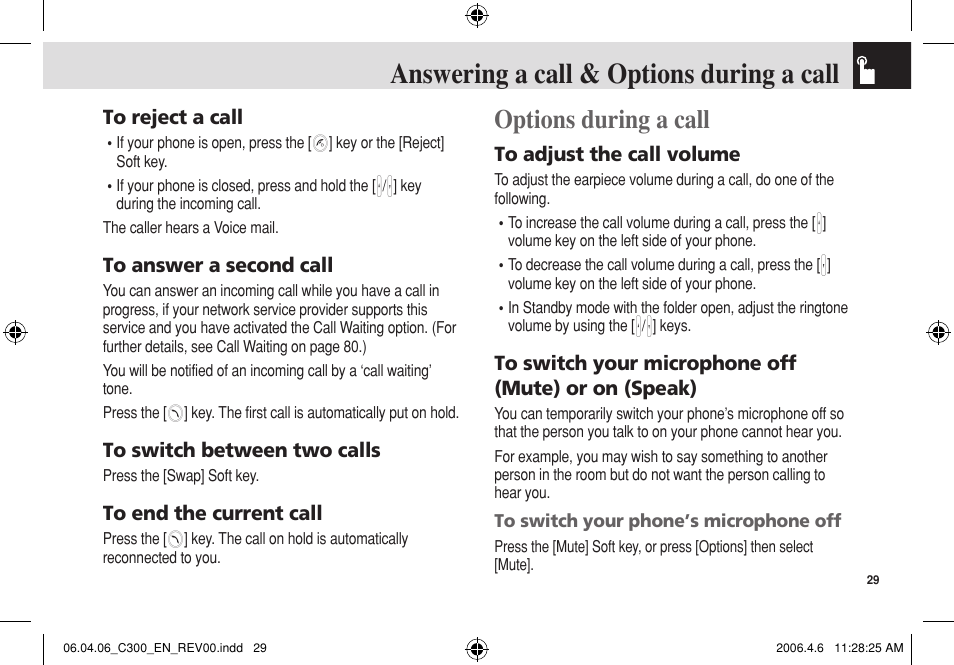 Answering a call & options during a call, Options during a call | Pantech C300 User Manual | Page 30 / 97