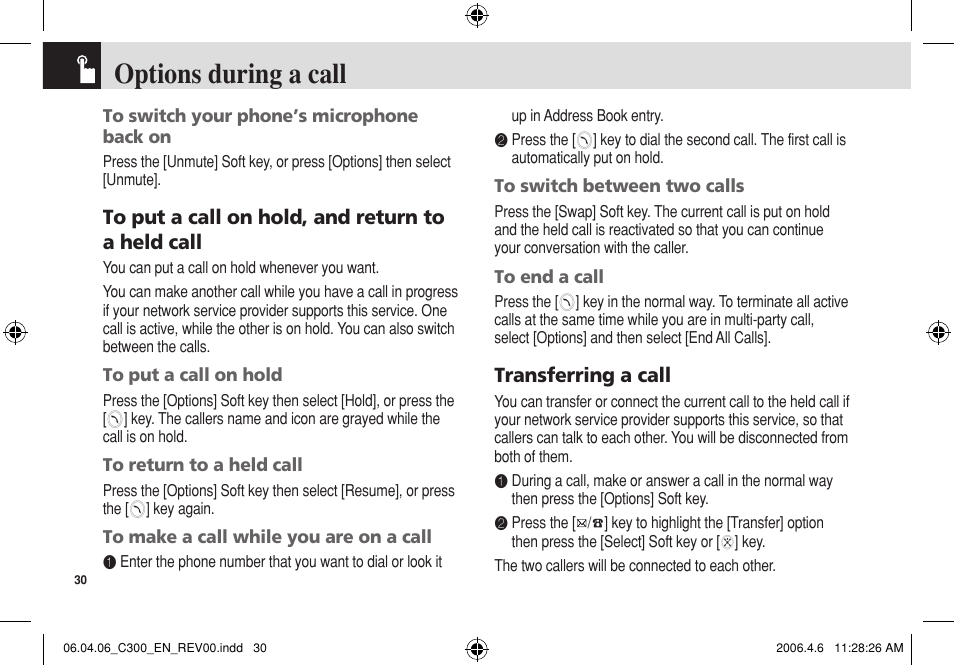 Options during a call, Transferring a call | Pantech C300 User Manual | Page 31 / 97