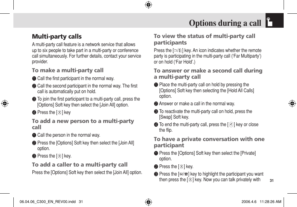 Options during a call, Multi‐party calls | Pantech C300 User Manual | Page 32 / 97