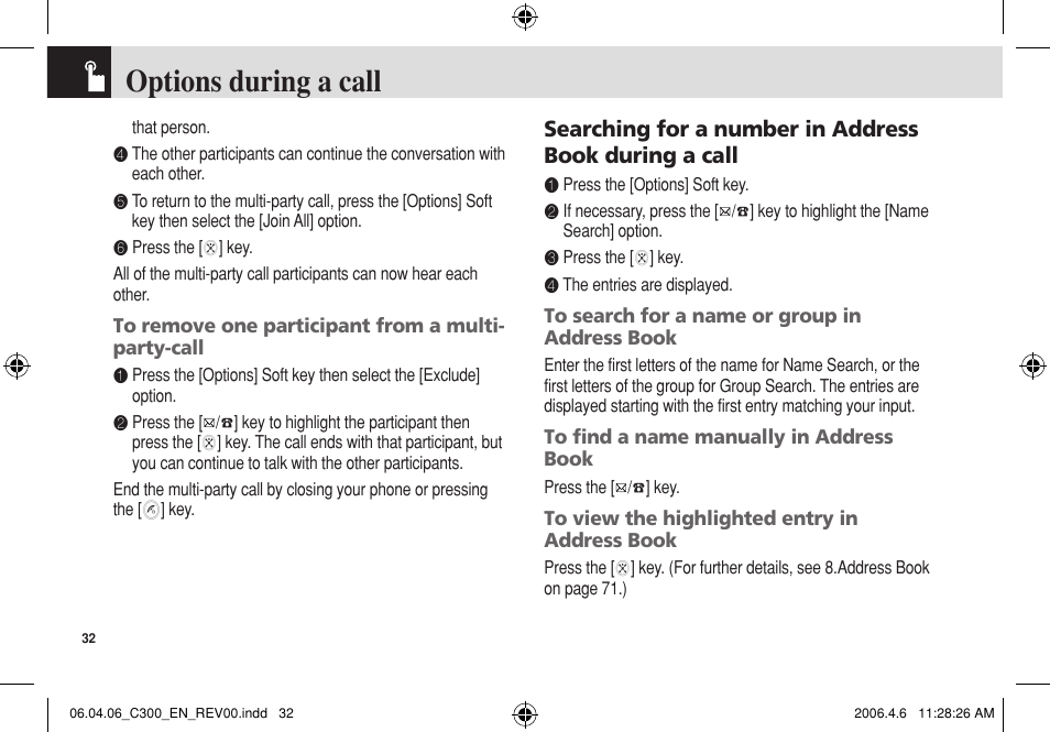 Options during a call | Pantech C300 User Manual | Page 33 / 97