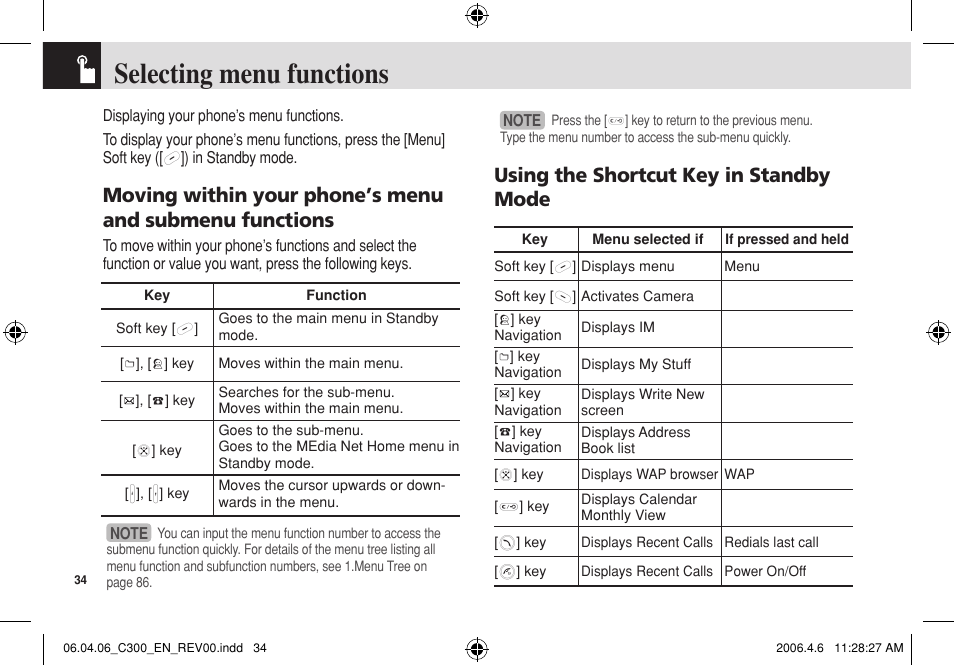 Selecting menu functions, Using the shortcut key in standby mode | Pantech C300 User Manual | Page 35 / 97