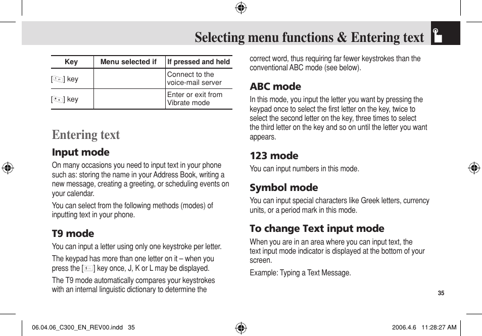 Selecting menu functions & entering text, Entering text, Input mode | T9 mode, Abc mode, 123 mode, Symbol mode | Pantech C300 User Manual | Page 36 / 97