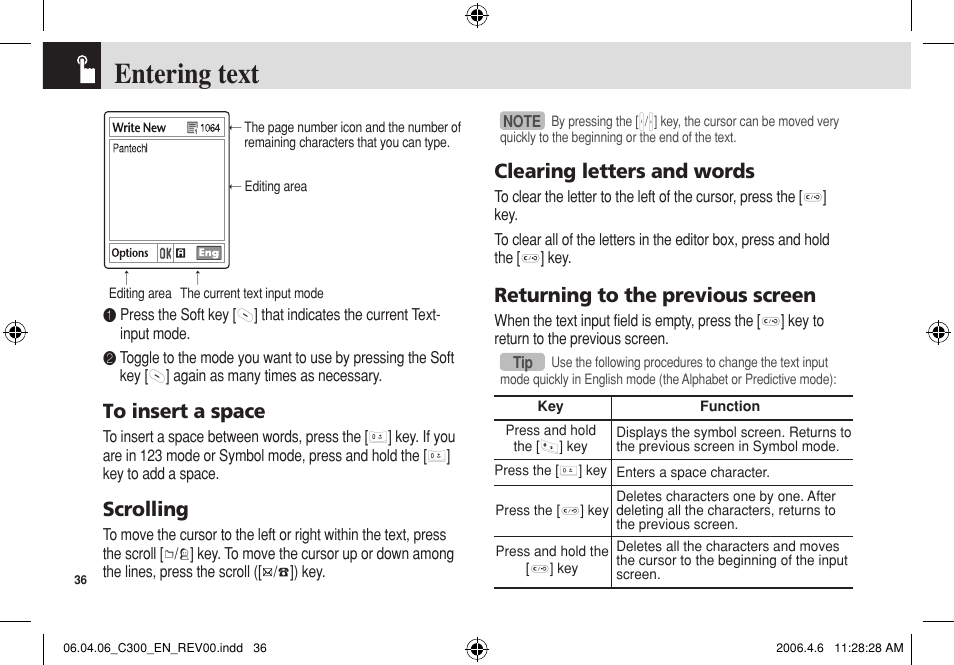 Entering text, Scrolling, Clearing letters and words | Returning to the previous screen | Pantech C300 User Manual | Page 37 / 97