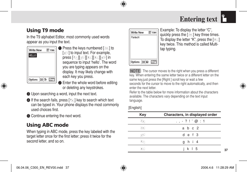 Entering text, Using t9 mode, Using abc mode | Pantech C300 User Manual | Page 38 / 97