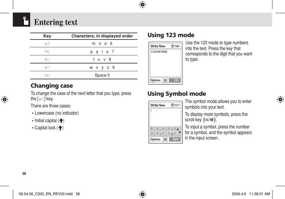 Entering text, Changing case, Using 123 mode | Using symbol mode | Pantech C300 User Manual | Page 39 / 97