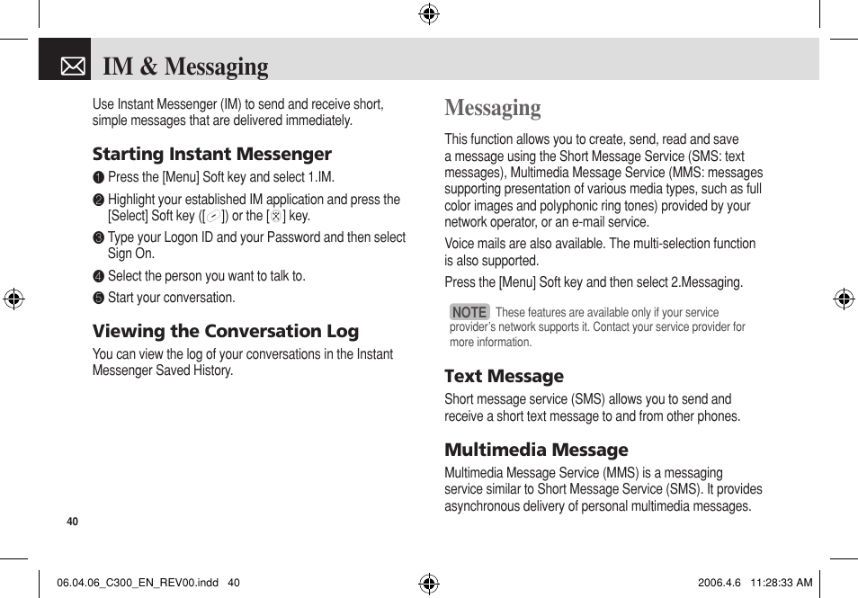 Im & messaging, Messaging, Starting instant messenger | Viewing the conversation log, Text message, Multimedia message | Pantech C300 User Manual | Page 41 / 97