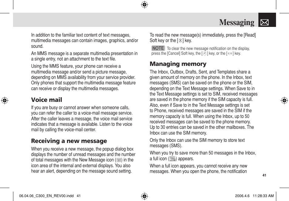 Messaging, Voice mail, Receiving a new message | Pantech C300 User Manual | Page 42 / 97