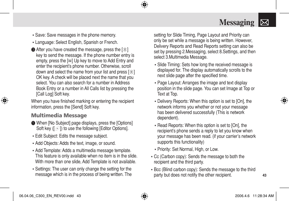 Messaging | Pantech C300 User Manual | Page 44 / 97