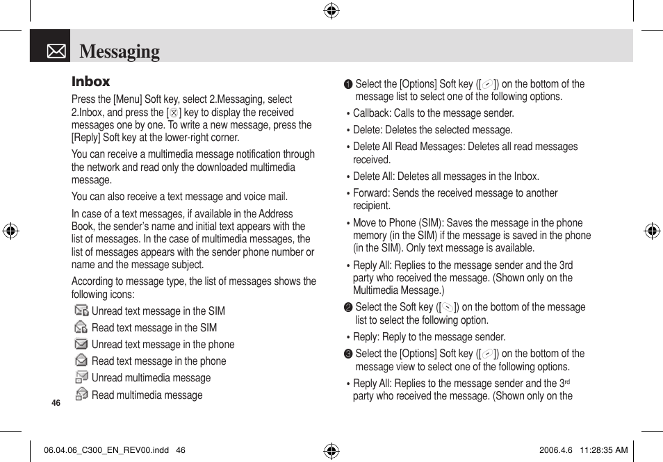 Messaging, Inbox | Pantech C300 User Manual | Page 47 / 97