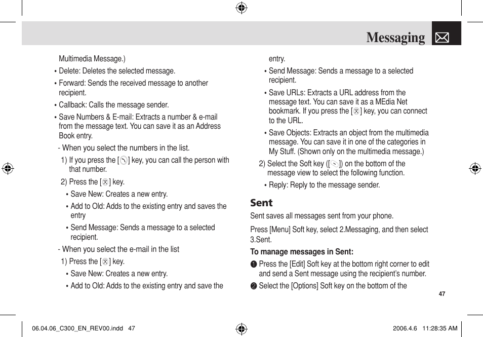 Messaging, Sent | Pantech C300 User Manual | Page 48 / 97