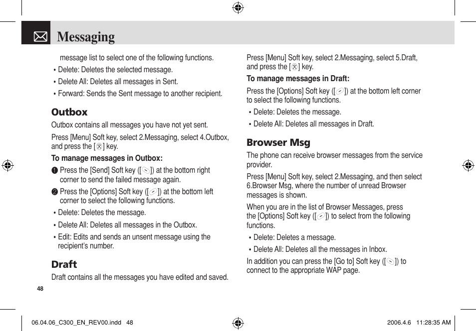 Messaging, Outbox, Draft | Browser msg | Pantech C300 User Manual | Page 49 / 97