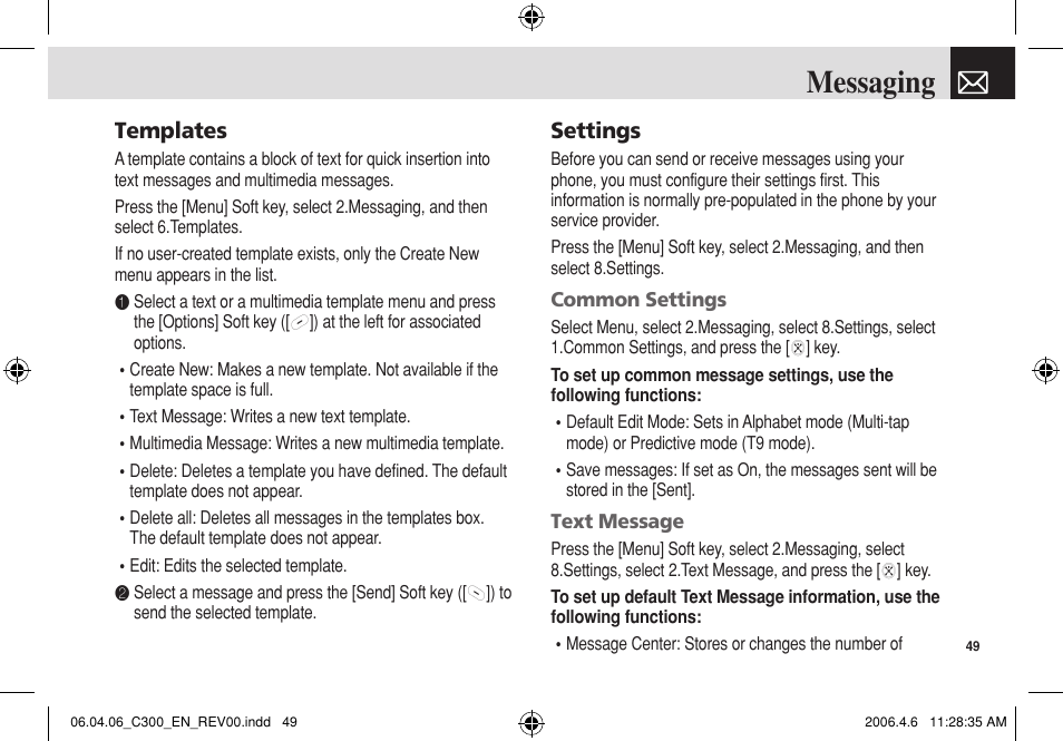 Messaging, Templates, Settings | Pantech C300 User Manual | Page 50 / 97