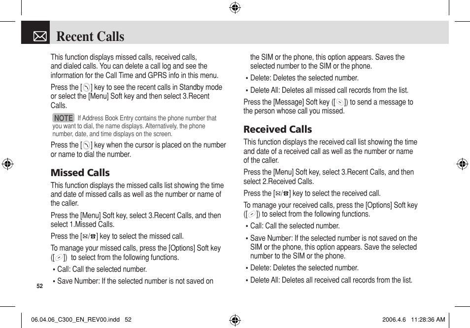 Recent calls, Missed calls, Received calls | Pantech C300 User Manual | Page 53 / 97