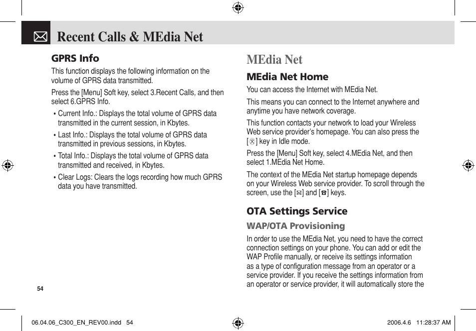 Recent calls & media net, Media net | Pantech C300 User Manual | Page 55 / 97