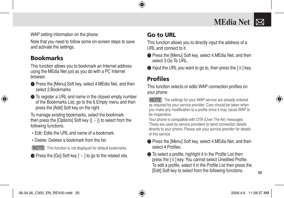 Media net, Bookmarks, Go to url | Profiles | Pantech C300 User Manual | Page 56 / 97
