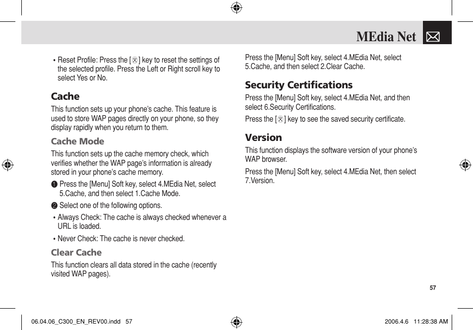 Media net, Cache, Security certifications | Version | Pantech C300 User Manual | Page 58 / 97