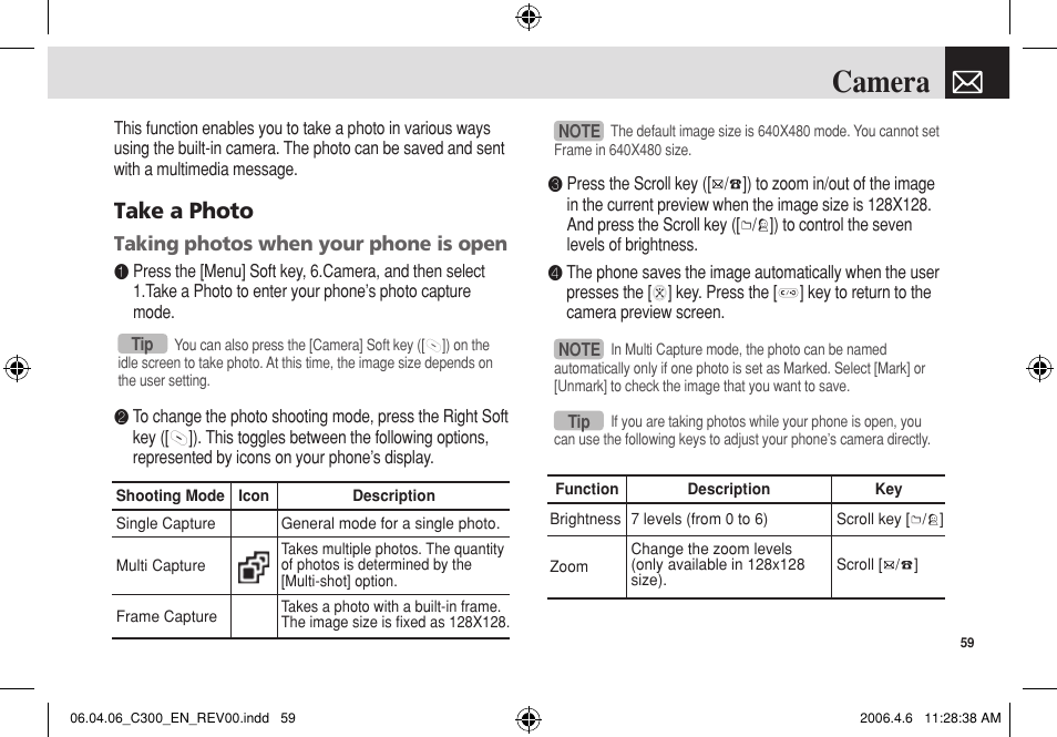 Camera, Take a photo | Pantech C300 User Manual | Page 60 / 97