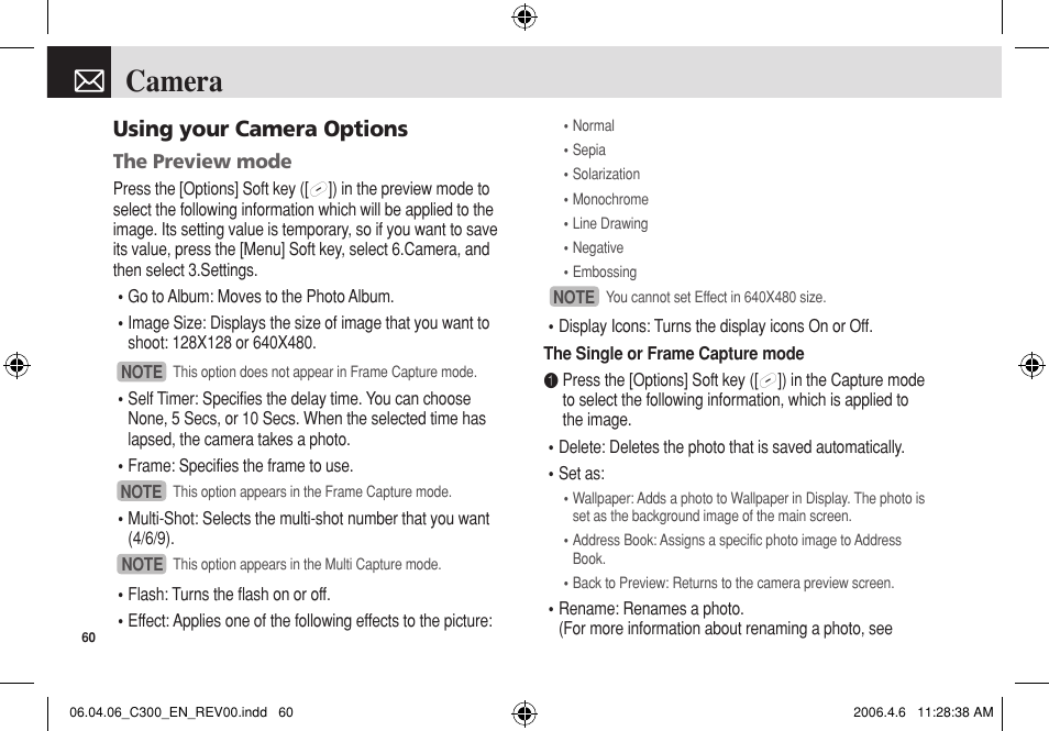 Camera, Using your camera options | Pantech C300 User Manual | Page 61 / 97