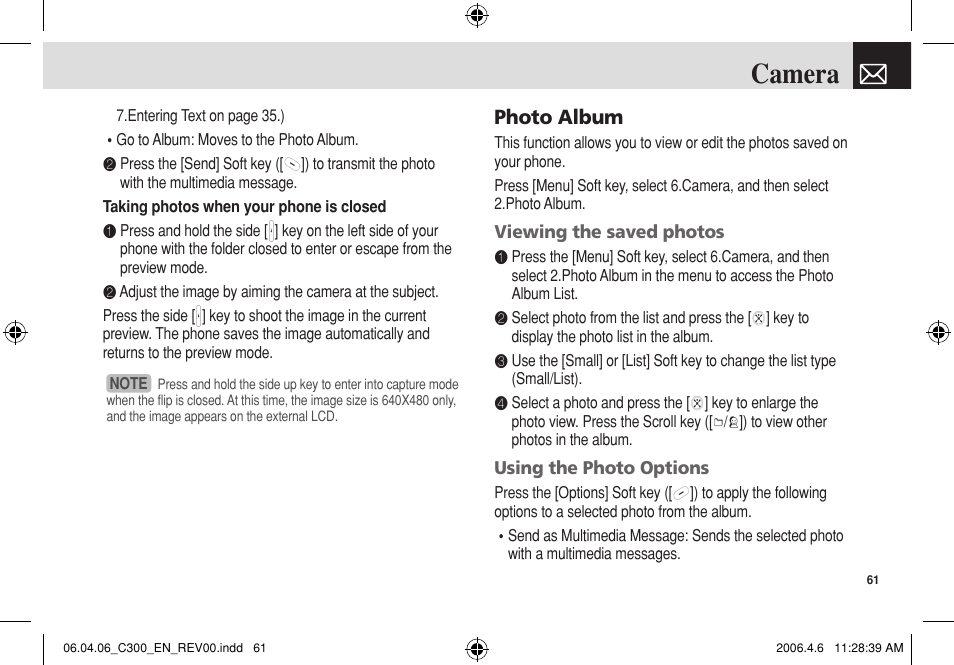 Camera, Photo album | Pantech C300 User Manual | Page 62 / 97