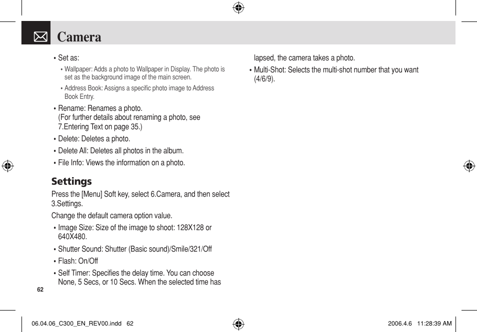 Camera, Settings | Pantech C300 User Manual | Page 63 / 97
