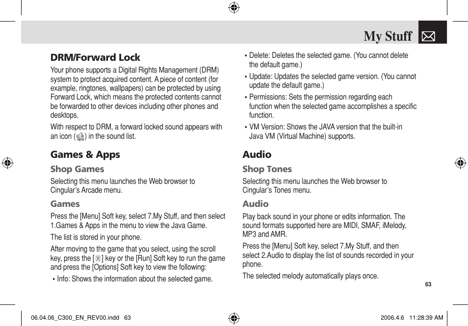 My stuff, Drm/forward lock, Games & apps | Audio | Pantech C300 User Manual | Page 64 / 97