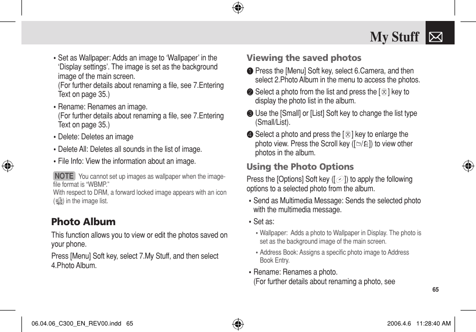 My stuff, Photo album | Pantech C300 User Manual | Page 66 / 97