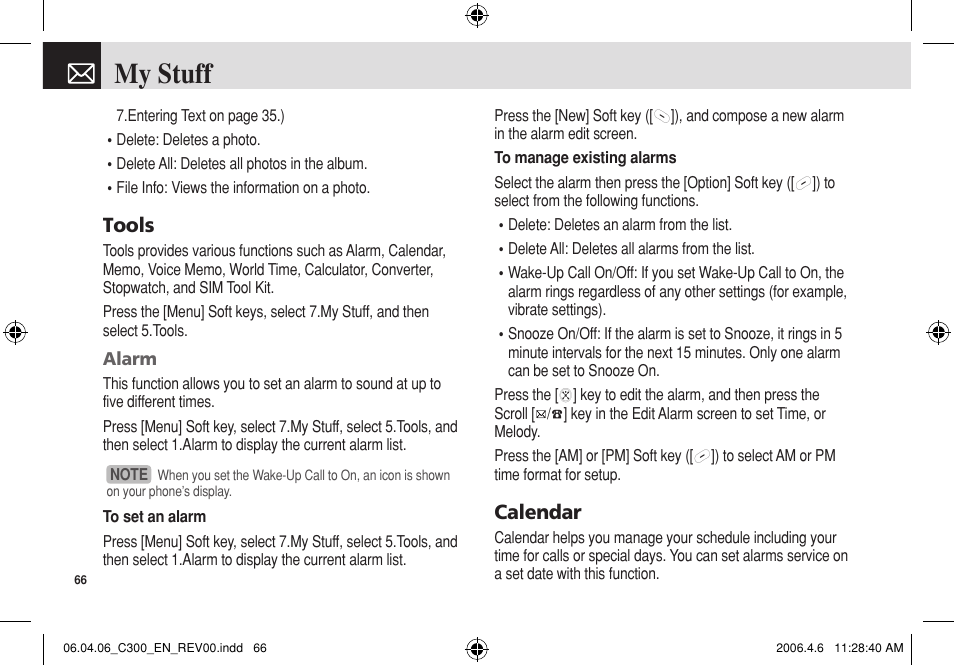 My stuff, Tools, Calendar | Pantech C300 User Manual | Page 67 / 97