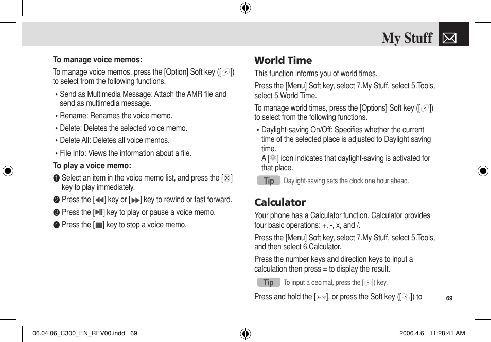 My stuff, World time, Calculator | Pantech C300 User Manual | Page 70 / 97