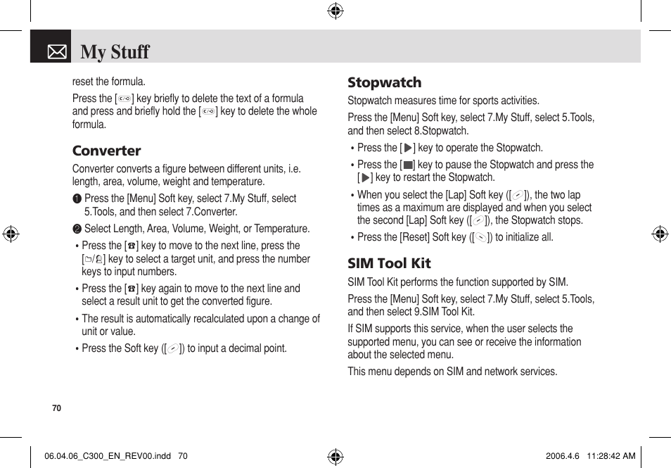 My stuff, Converter, Stopwatch | Sim tool kit | Pantech C300 User Manual | Page 71 / 97