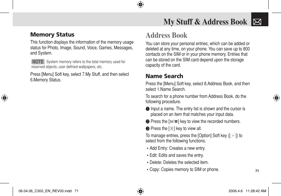 My stuff & address book, Address book, Name search | Pantech C300 User Manual | Page 72 / 97