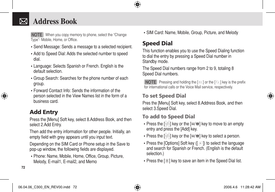 Address book, Add entry, Speed dial | Pantech C300 User Manual | Page 73 / 97