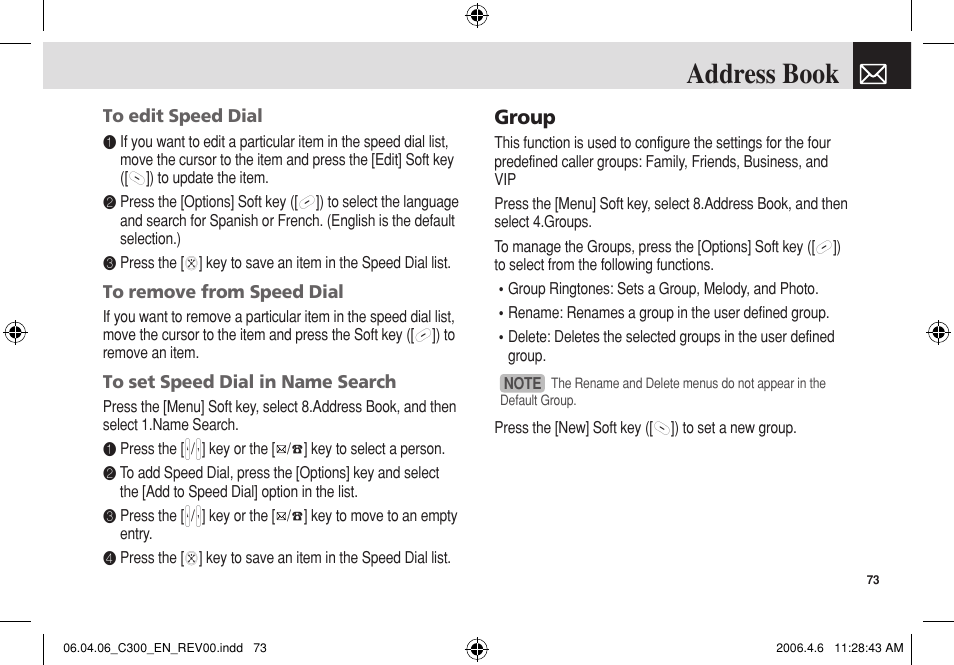 Address book, Group | Pantech C300 User Manual | Page 74 / 97