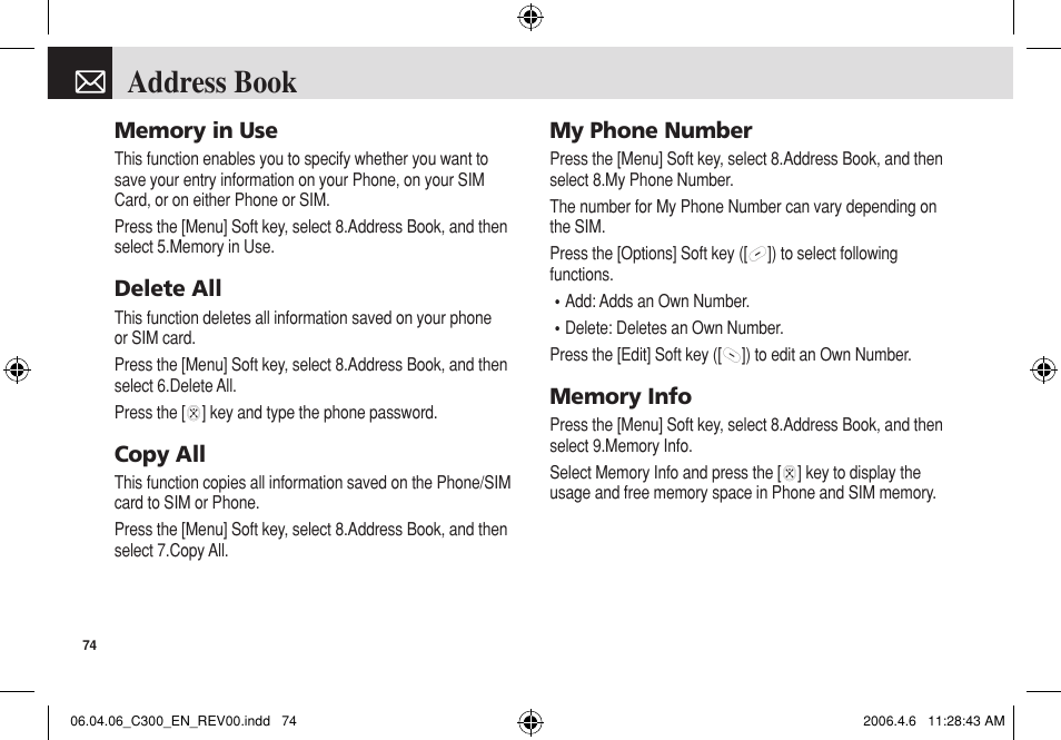 Address book | Pantech C300 User Manual | Page 75 / 97