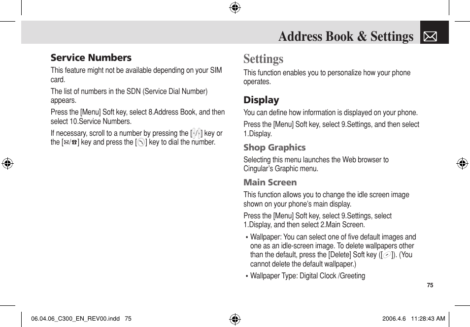 Address book & settings, Settings | Pantech C300 User Manual | Page 76 / 97