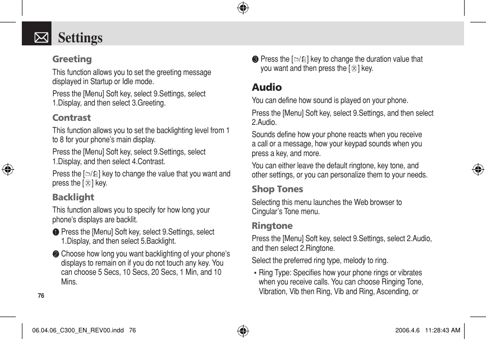 Settings, Audio | Pantech C300 User Manual | Page 77 / 97