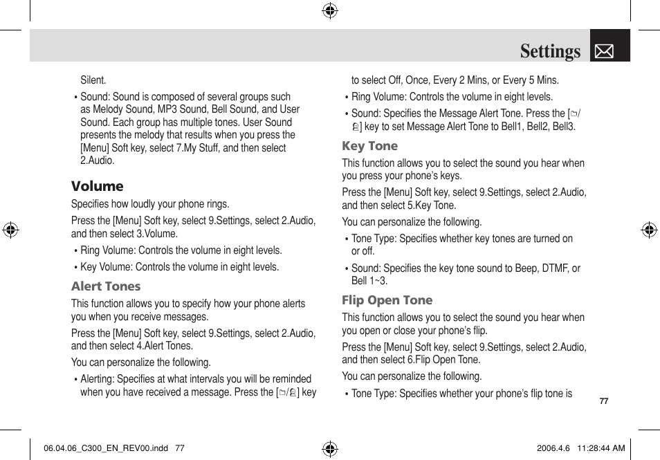 Settings, Volume | Pantech C300 User Manual | Page 78 / 97